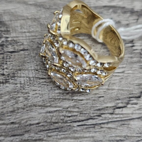 Vintage Gold Tone Multi Row CZ Diamond Cluster Chunky Wide Statement Ring - Picture 7 of 10